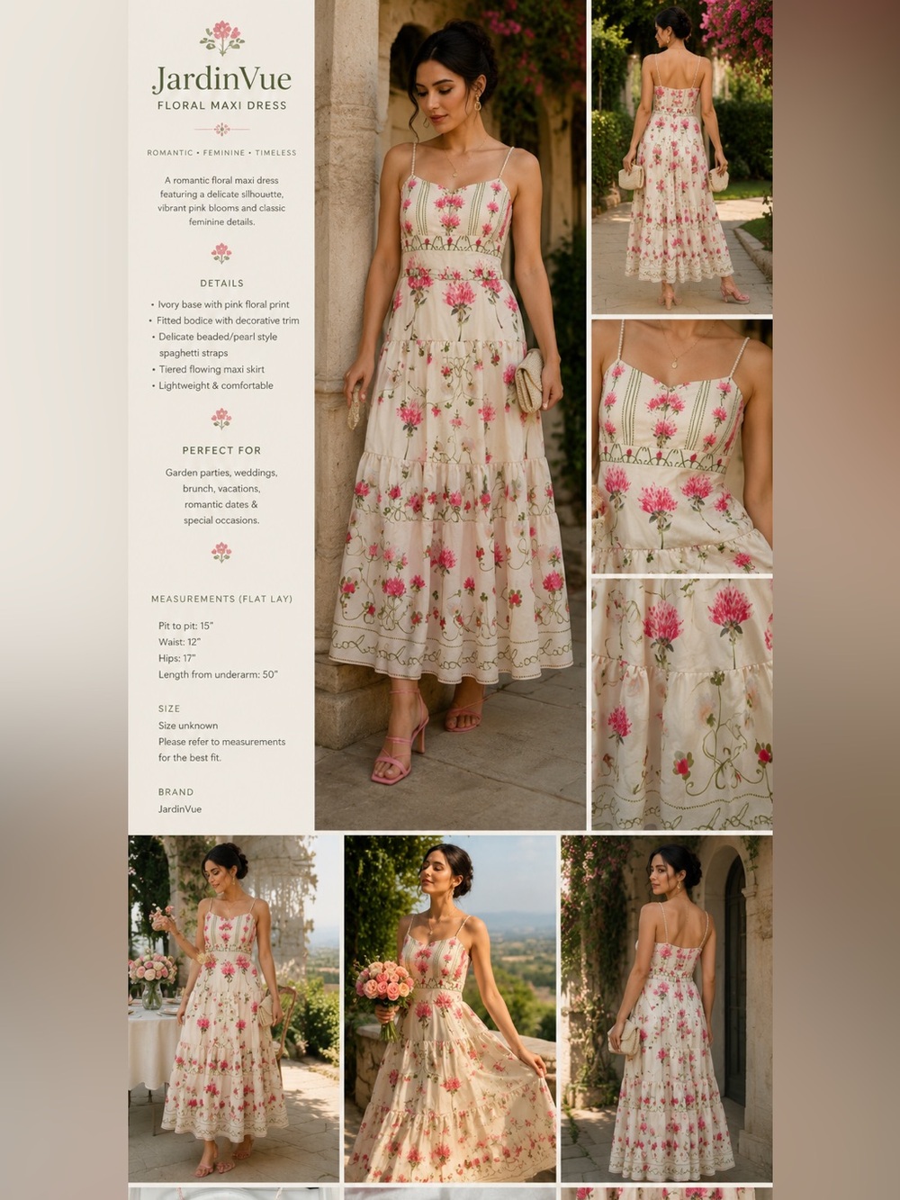 JardinVue Floral Tiered Maxi Dress Pink Ivory XS Approx